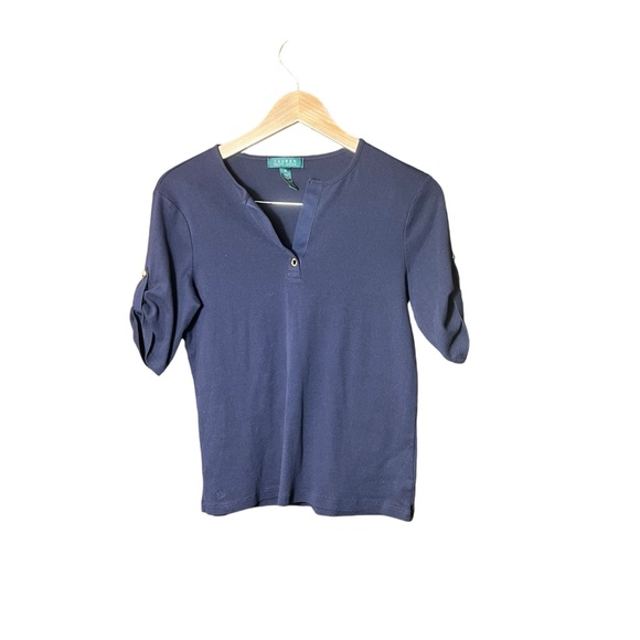 Lauren Ralph Lauren Blouse Top‎ Womens Sz M Navy Blue Short Cuffed Sleeve V-Neck - Picture 1 of 5